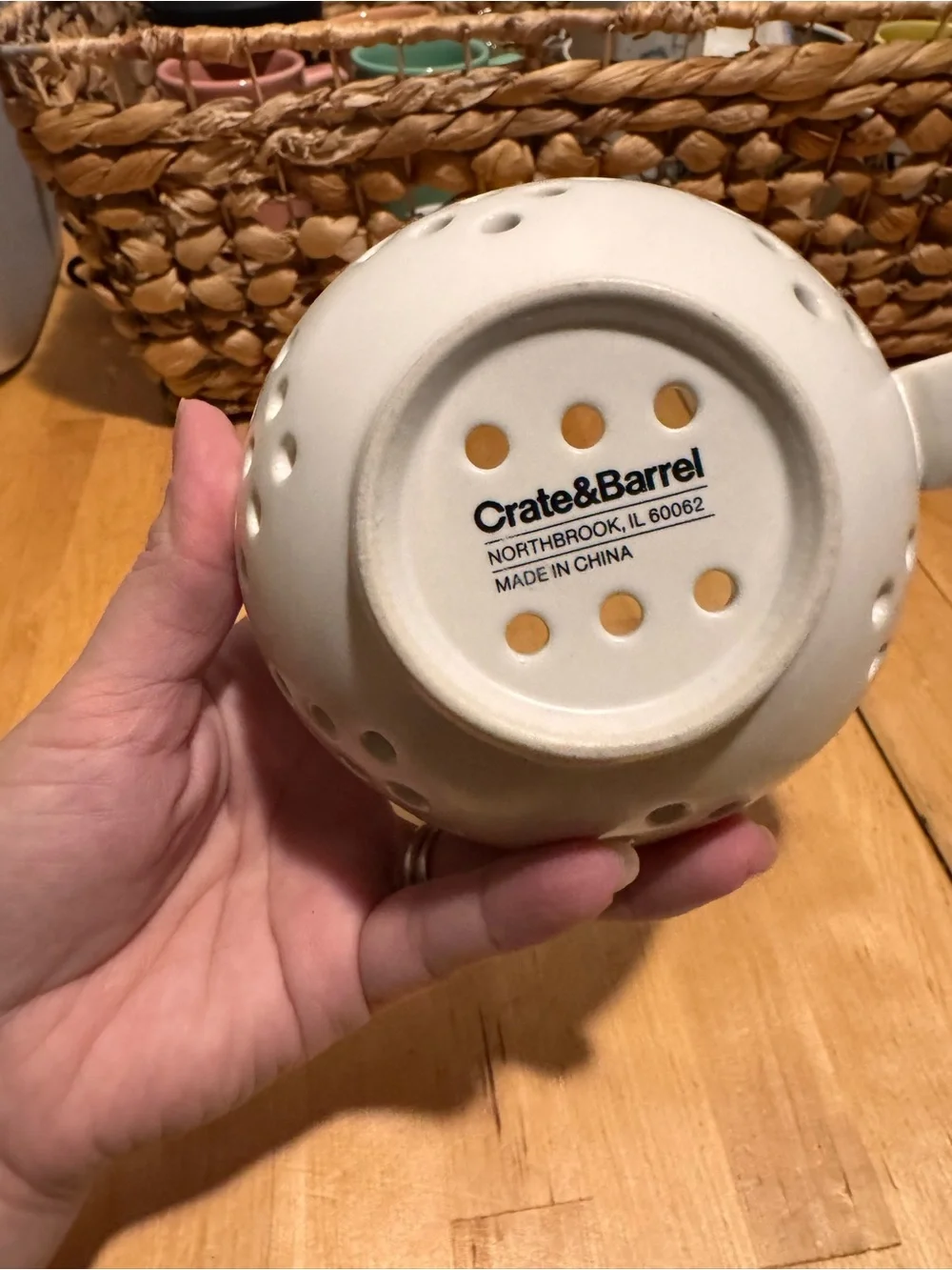 Crate&Barrel White Ceramic Colander Mug with Round Handle